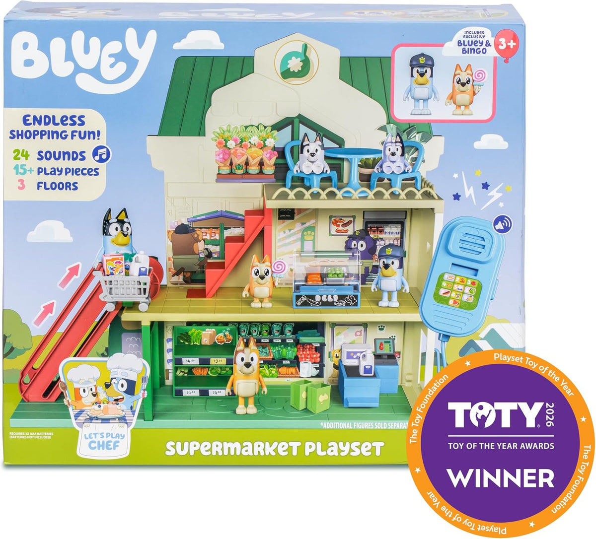 Bluey y juego de supermercado de bingo, escaleras mecánicas y sonid...