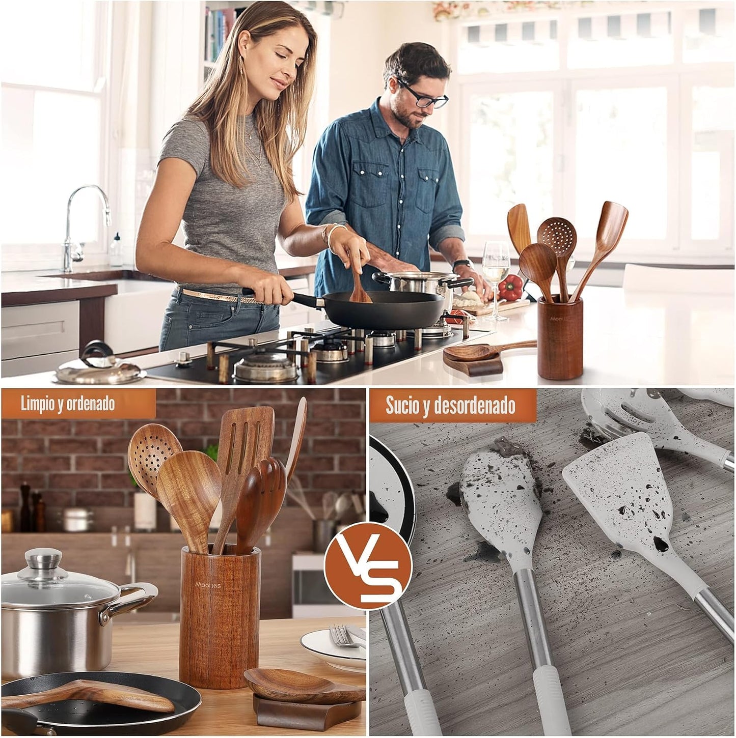 Mooues - Juego de utensilios de cocina de madera, 15 piezas, teca n...