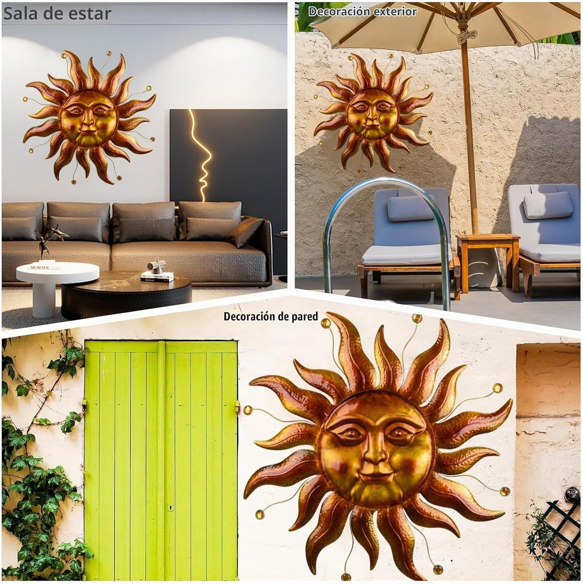 Decoración de pared de sol de metal para exteriores, 26 pulgadas, d...