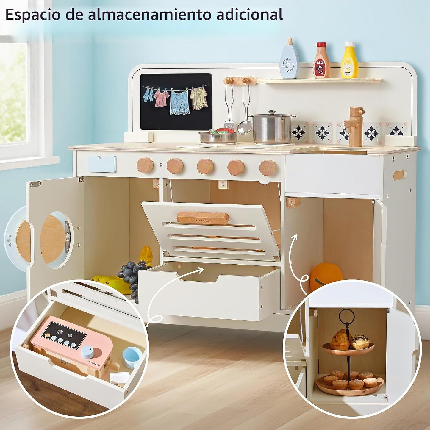 Juego de cocina de madera Pillowhale, juego de cocina grande intera...