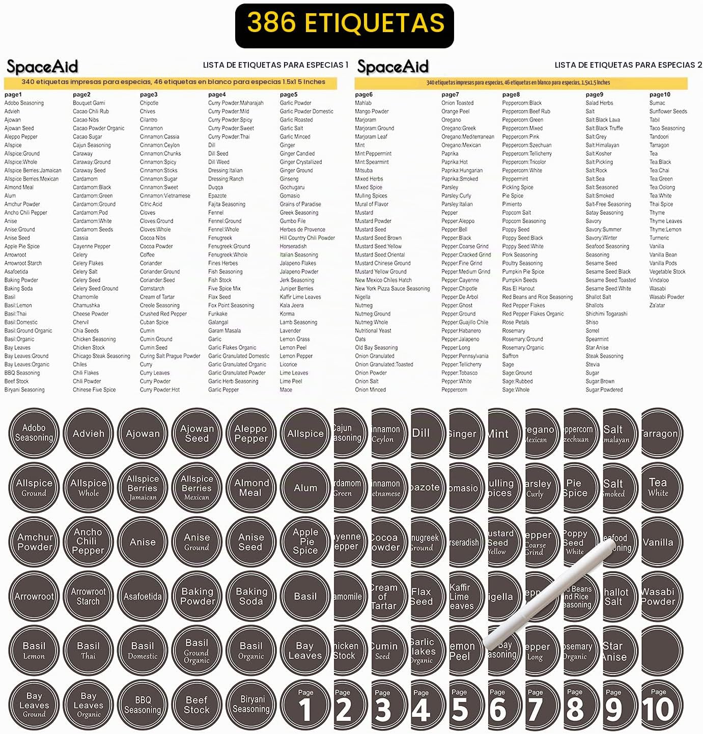 SpaceAid Organizador de especias con 24 tarros de especias, 386 eti...