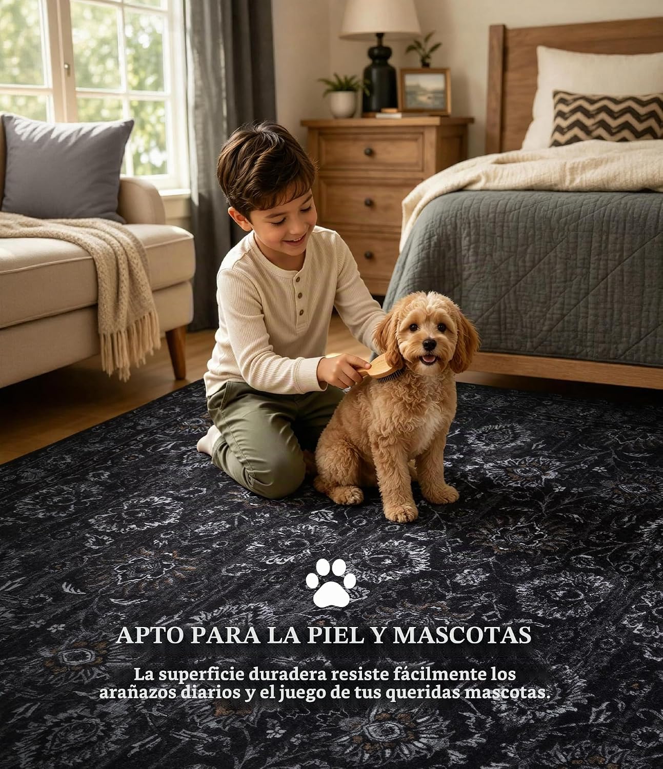YIHOUSE Alfombra negra de 5 x 7 pies para sala de estar, lavable, a...
