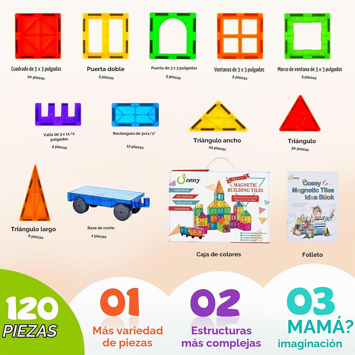 Cossy - Juego de 120 bloques de construcción magnéticos 3D con azul...