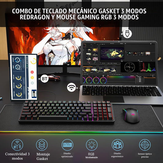 Redragon Combo de teclado y mouse para juegos S162 de 3 modos Wilre...