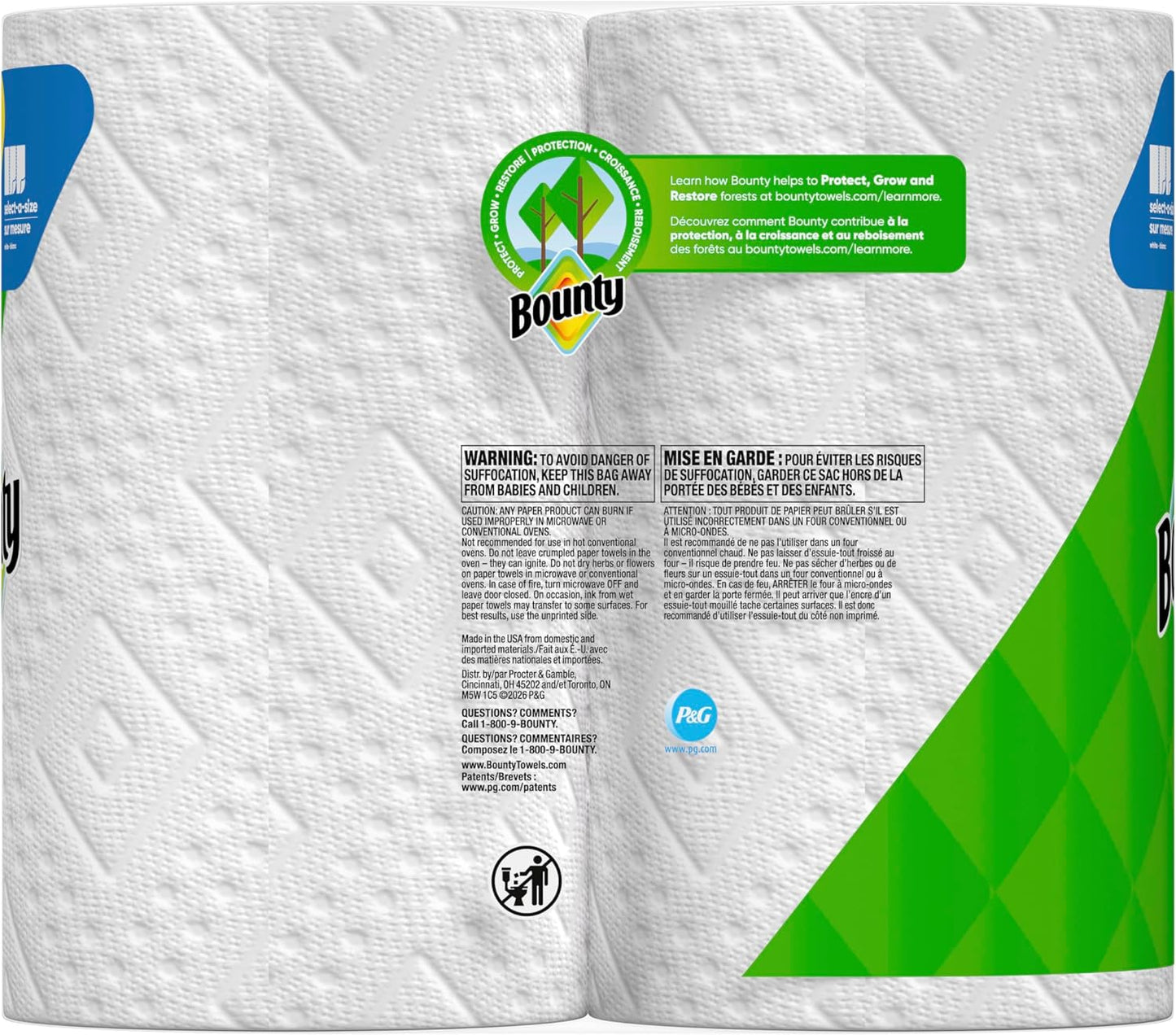 Bounty Toallas de papel de tamaño rápido, blancas, 6 rollos triples...