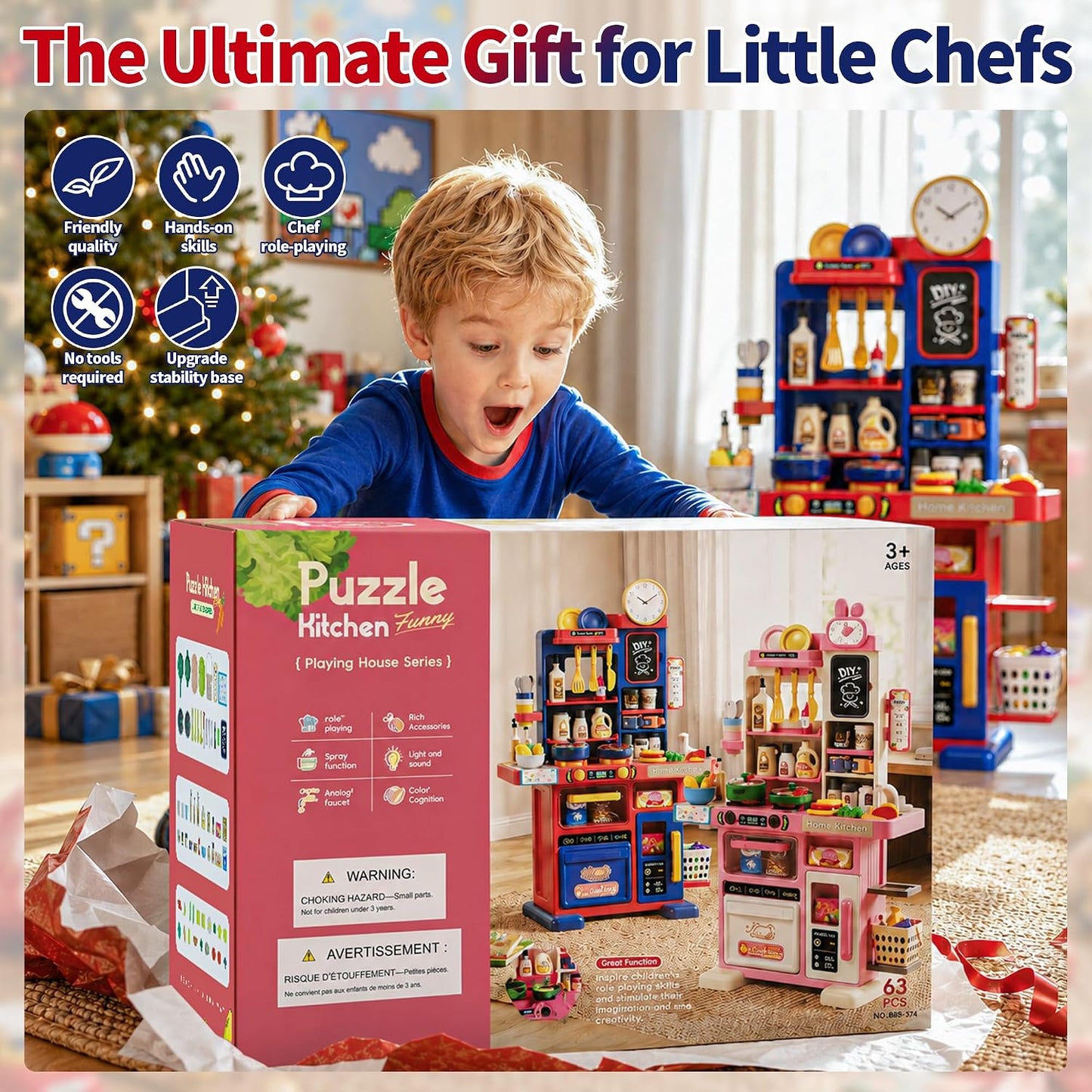 STACTCUTE Cocina de juguete de 33,8 pulgadas con sonido, luz y estu...