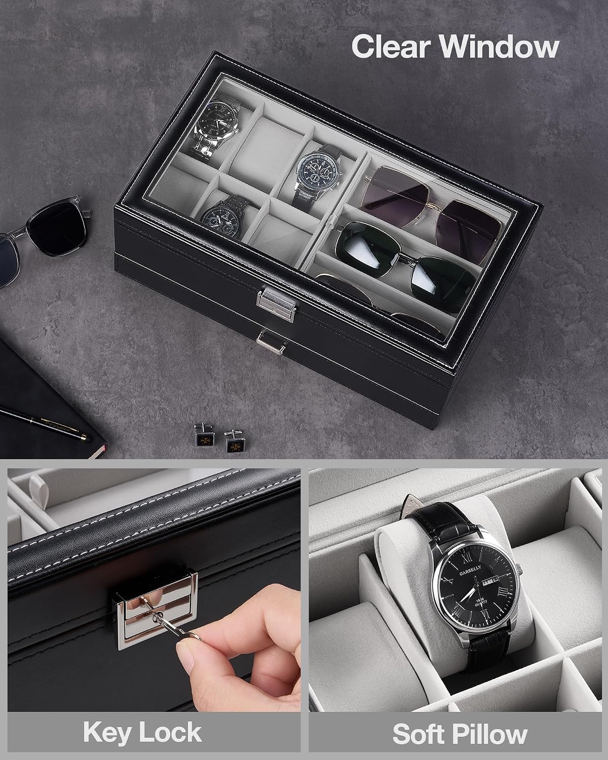 ProCase Caja de joyería para hombres, caja de reloj con 6 ranuras c...