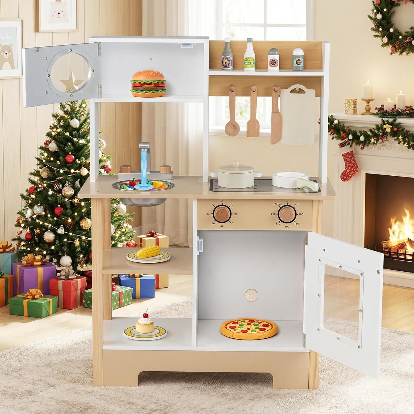 HONEY JOY Juego de cocina con pizarra, juego de cocina de madera pa...