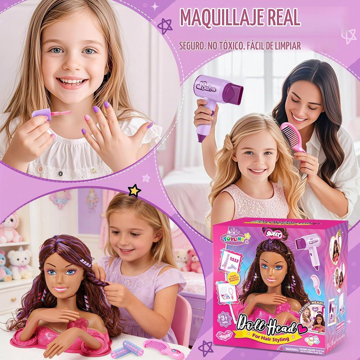 Toylink Cabeza de muñeca para peinar el cabello, kit de maquillaje...