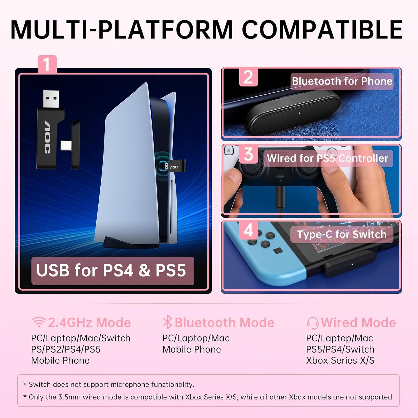 AOC Auriculares inalámbricos para juegos compatibles con PS5\/4, Sw...