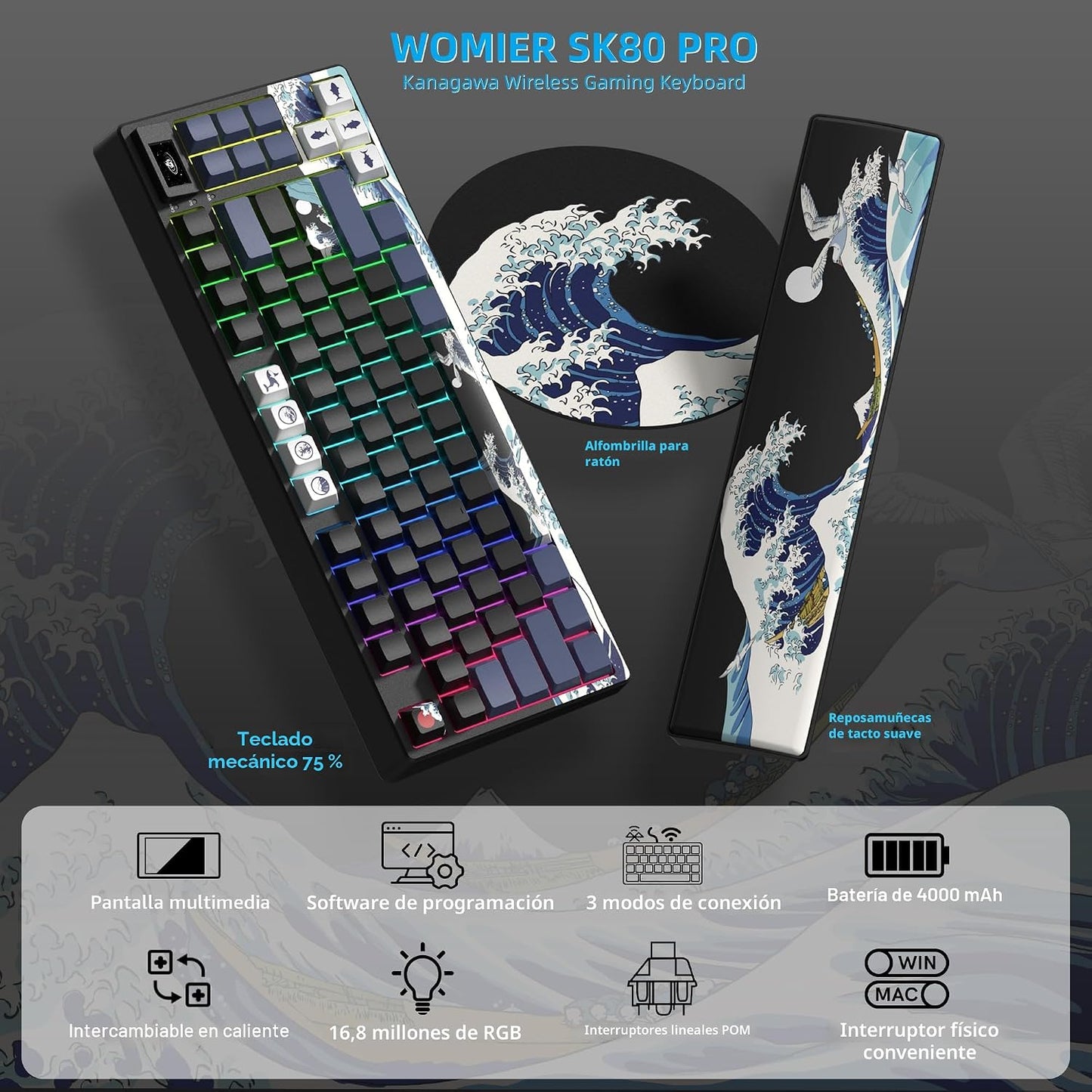 Womier Teclado Mecánico Inalámbrico 75% con Pantalla Multimedia a C...