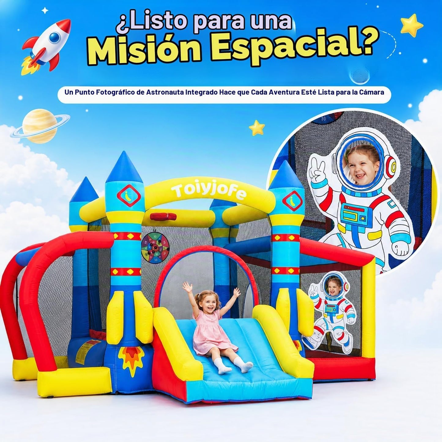 Casa inflable de rebote para niños con soplador, tema espacial de 1...