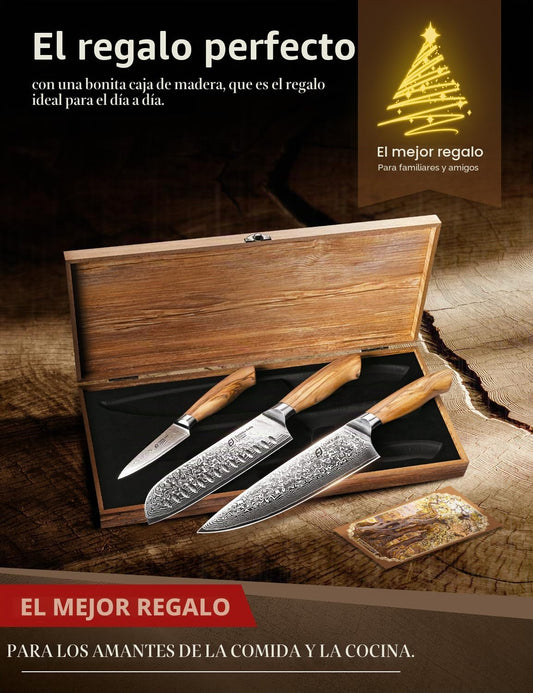 Juego de cuchillos de cocina de Damasco Emojoy, 3 piezas de cuchill...
