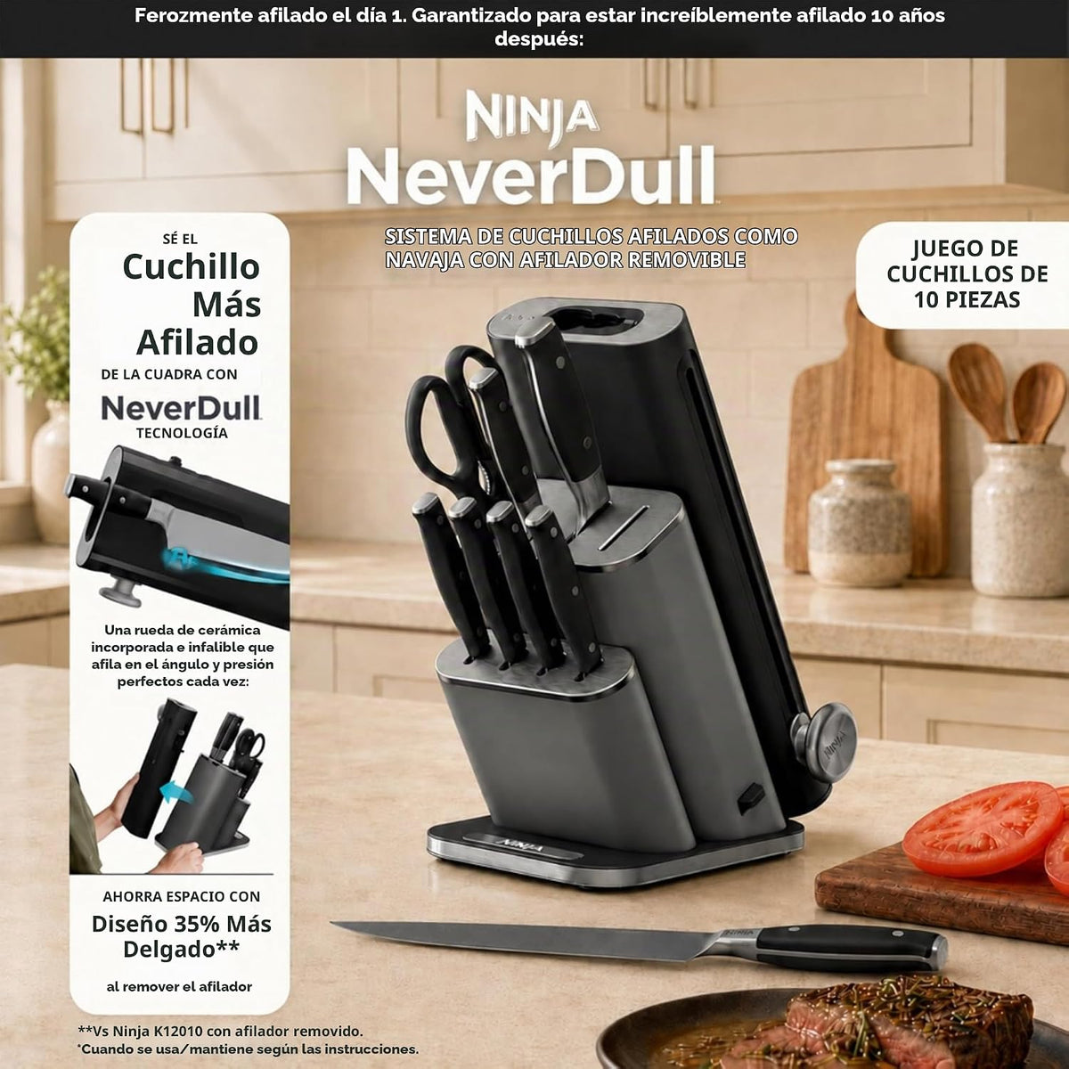 Ninja NeverDull® NK32010BK1 - Juego de cuchillos alemanes de acero...