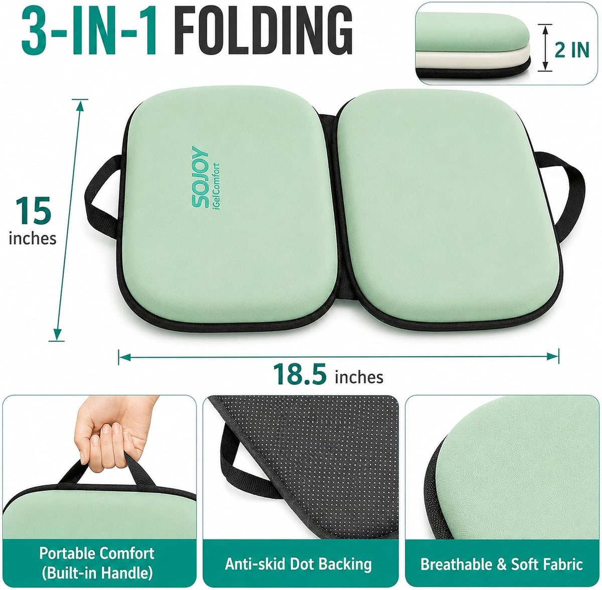 Sojoy Cojín de asiento de gel plegable 3 en 1 con espuma viscoelást...