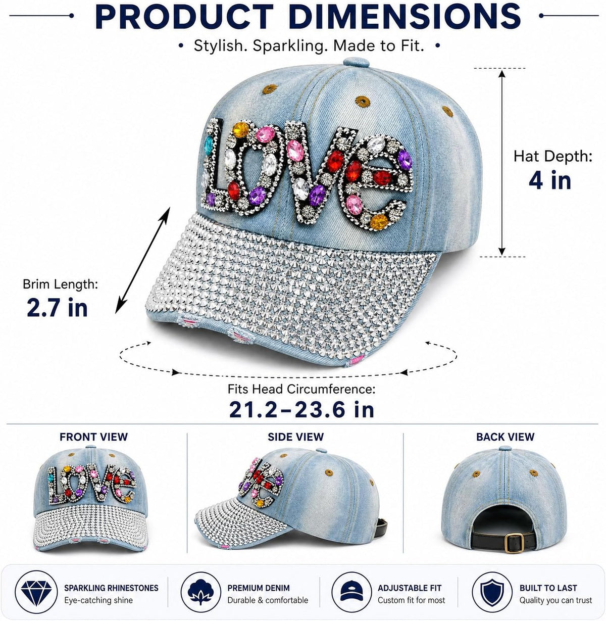 Gorra de béisbol brillante con diamantes de imitación, malla ajusta...