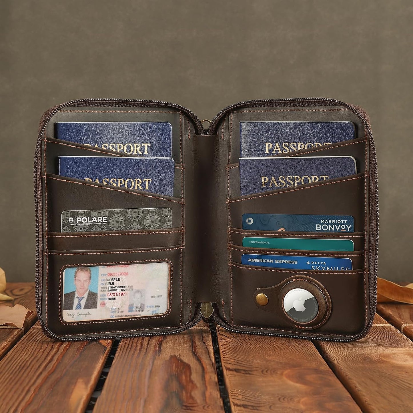 Polare - Cartera de cuero de grano completo para pasaporte familiar...