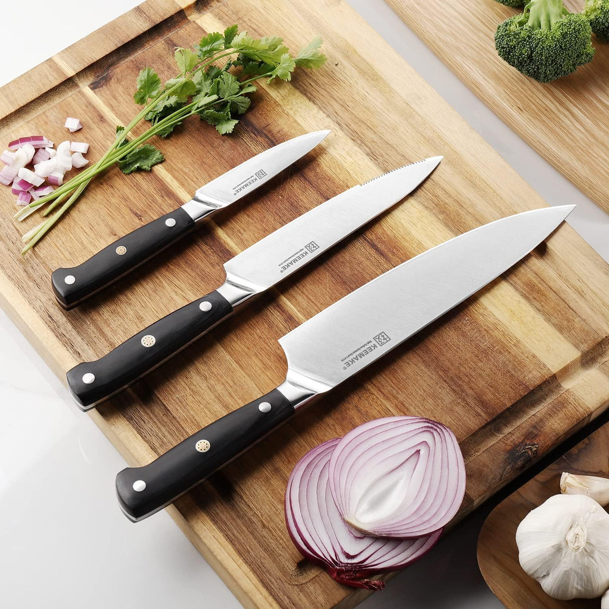 KEEMAKE Juego de cuchillos de cocina, 3 cuchillos afilados de acero...
