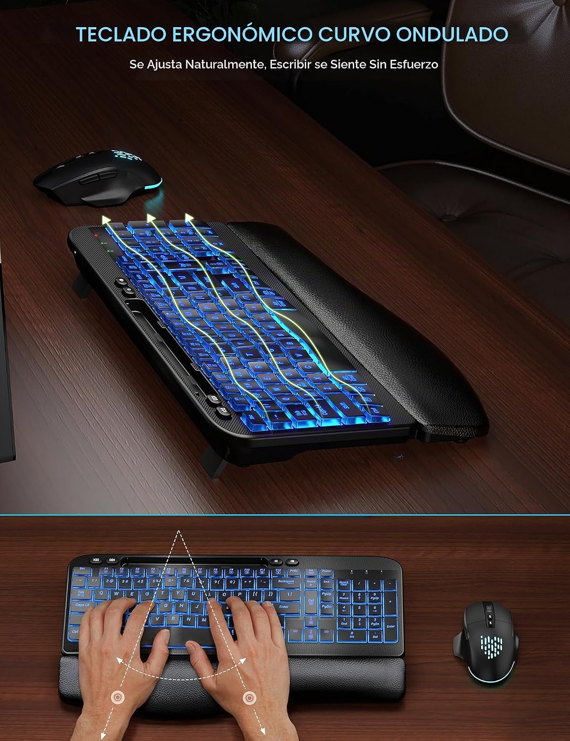 SABLUTE Combo de teclado y mouse inalámbricos, onda ergonómica con...