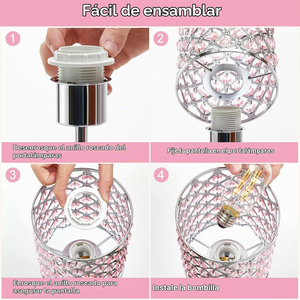 GyroVu - Juego de 2 lámparas de mesita de noche de cristal rosa con...