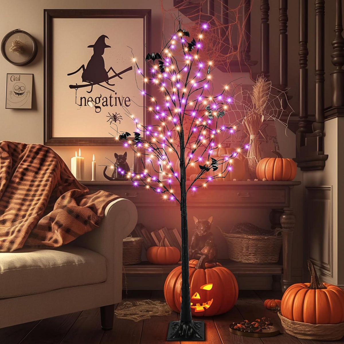 Árbol iluminado de Halloween con 260 luces LED, árbol de Halloween...