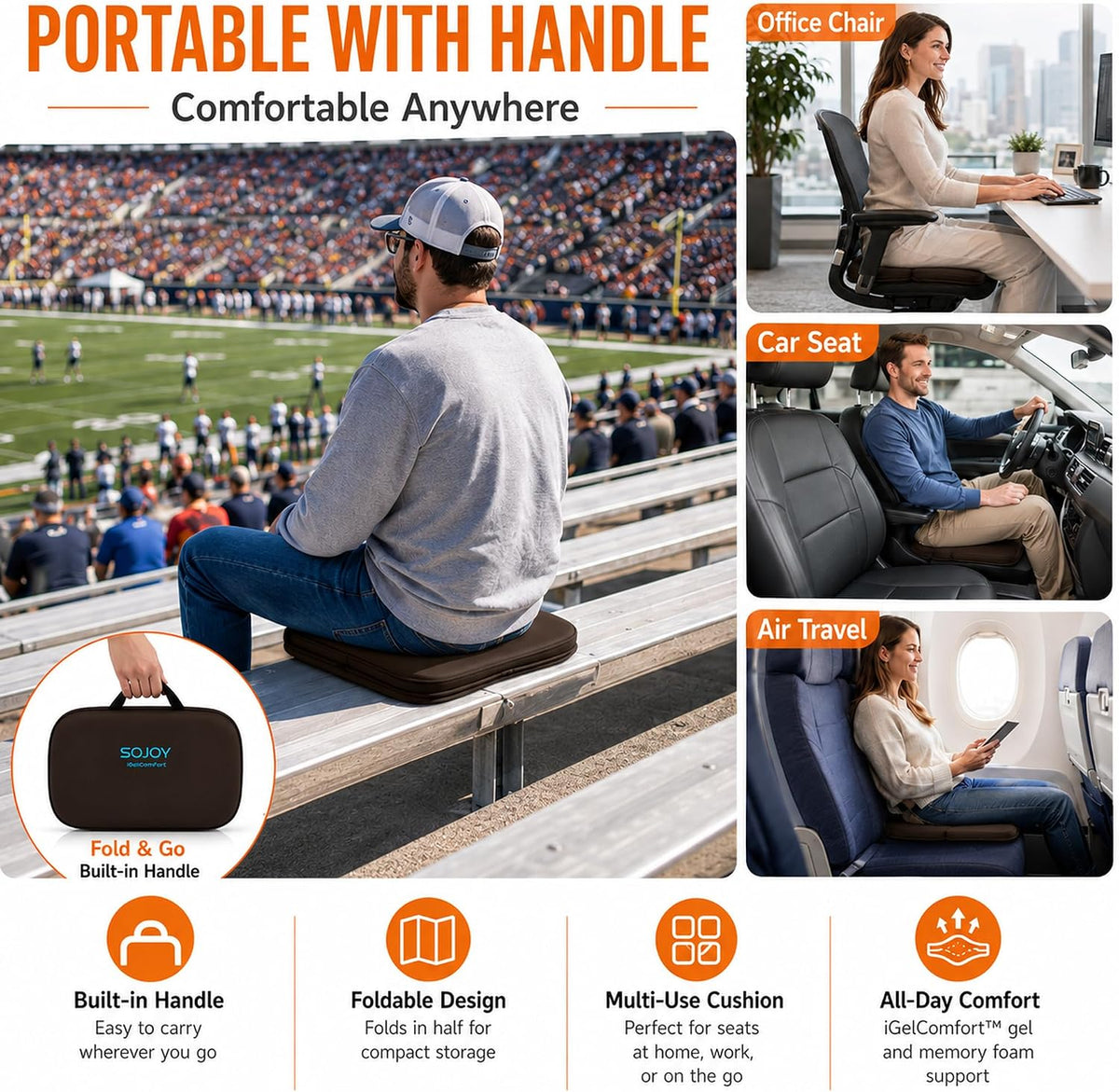 Sojoy Cojín de asiento de gel plegable 3 en 1 con espuma viscoelást...