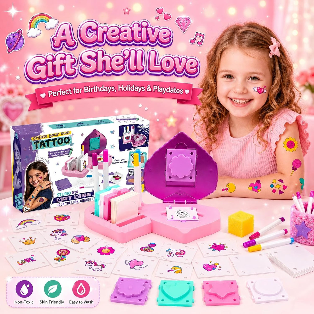 Kit de tatuaje temporal para niñas, kit de tatuaje para niños con 4...