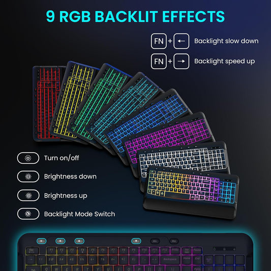 Juego de ratón con teclado inalámbrico, 9 retroiluminación RGB, rep...