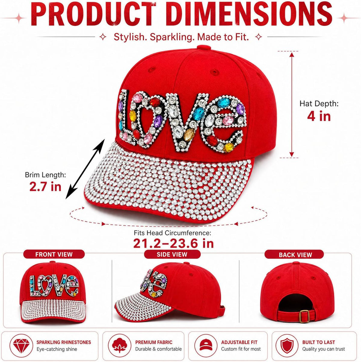 Gorra de béisbol brillante con diamantes de imitación, malla ajusta...