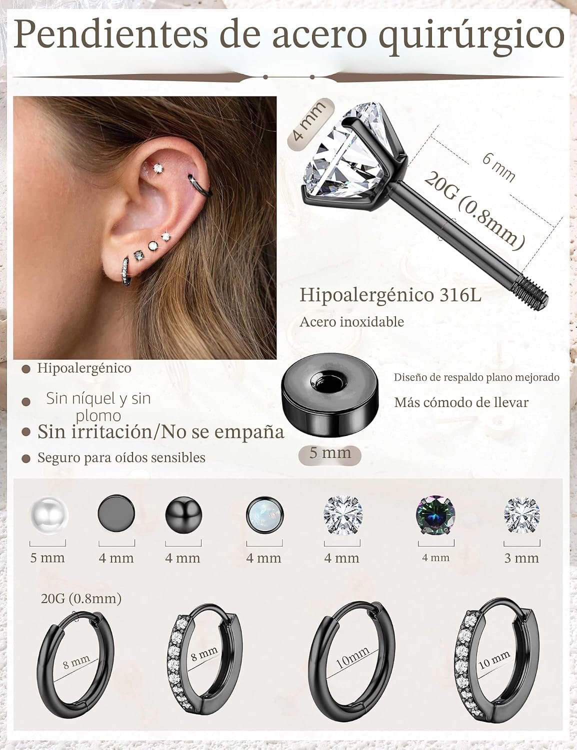 Jstyle Aretes de tuerca con aro hipoalergénicos para mujer, pequeño...