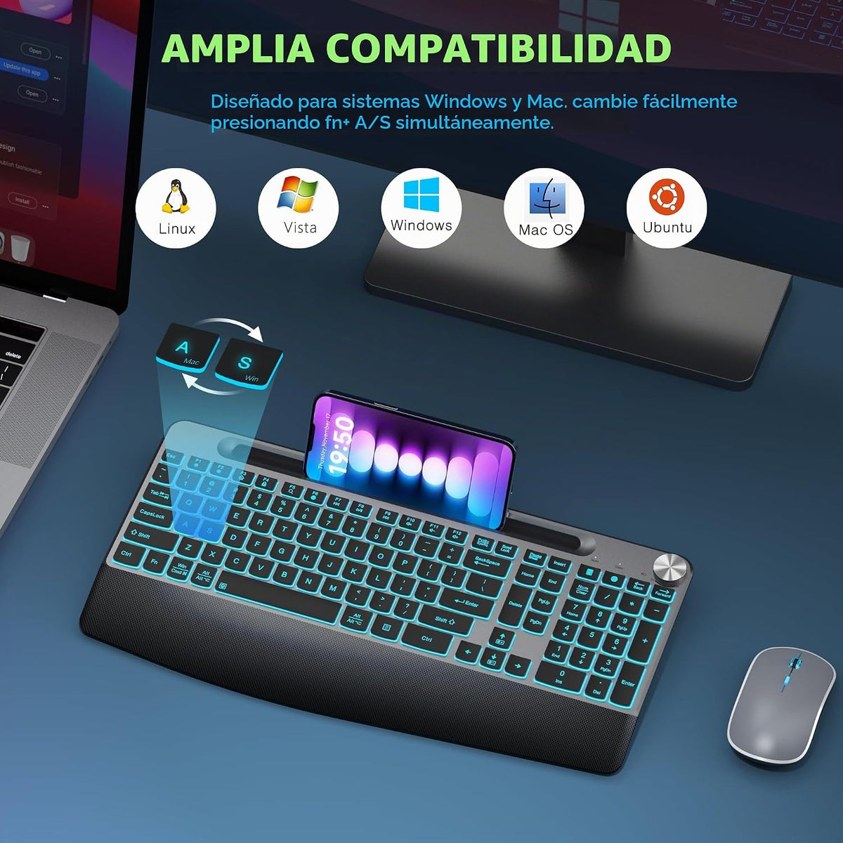 Combinación de teclado y mouse inalámbricos retroiluminados ergonóm...