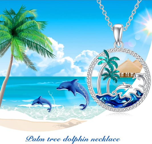 PROESS Collar de plata de ley S925 con diseño de playa y delfín, pi...