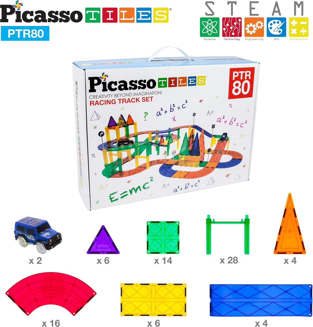 PicassoTiles 80 piezas de azulejos magnéticos de pista de autos de...
