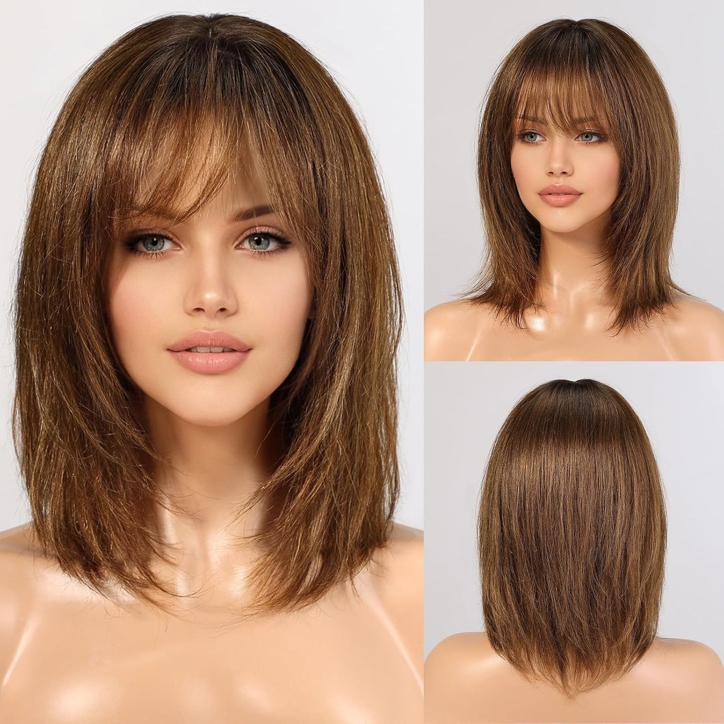 KKU Pelucas de cabello humano marrón degradado de 12 pulgadas para...