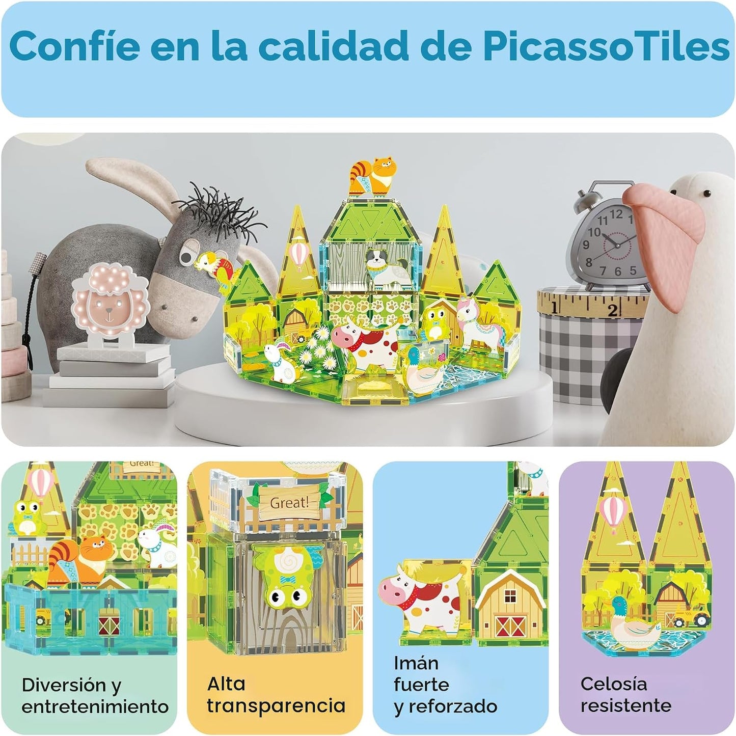 PicassoTiles Juego de 26 azulejos magnéticos, juego de granja de ot...