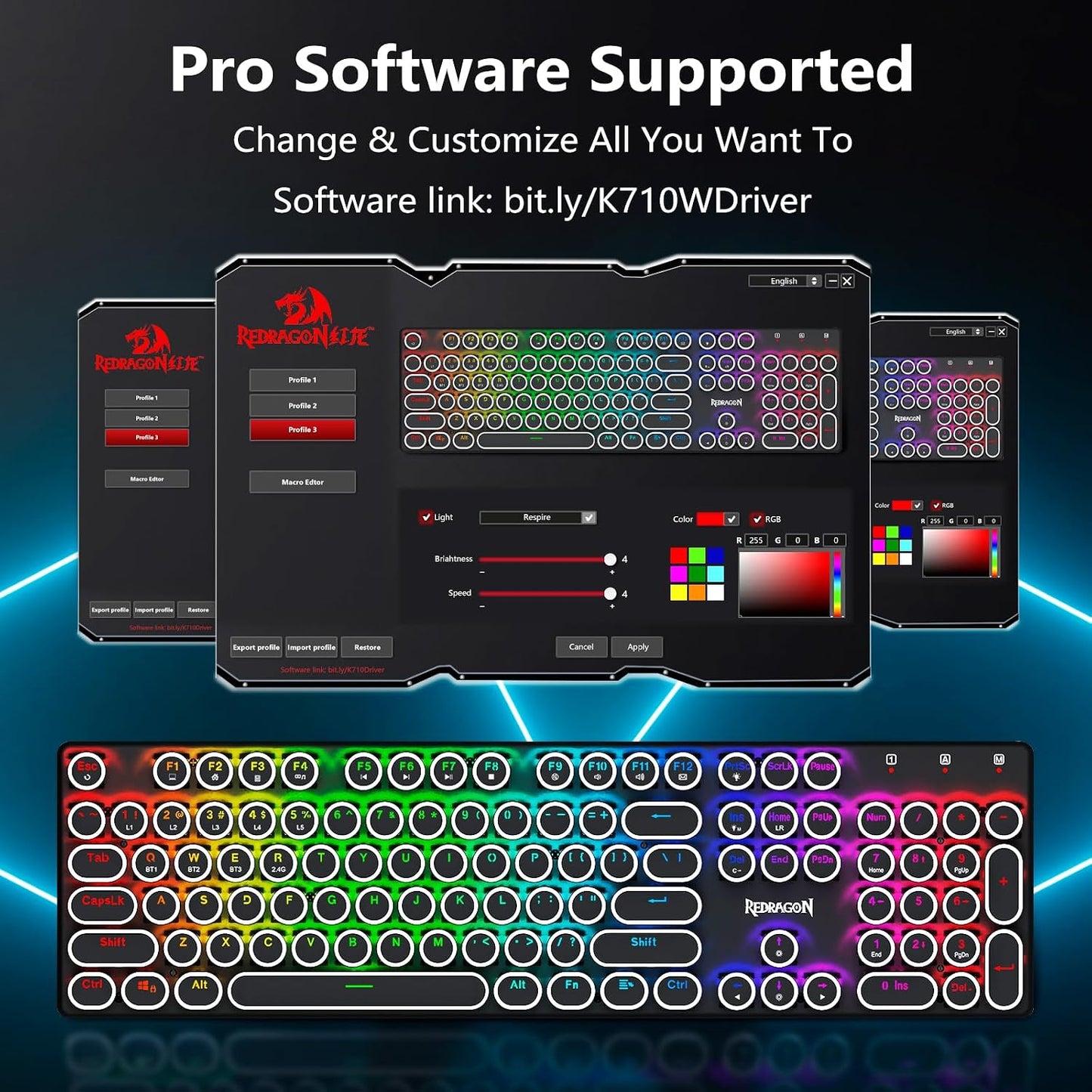 Redragon Teclado de máquina de escribir inalámbrico, teclado mecáni...