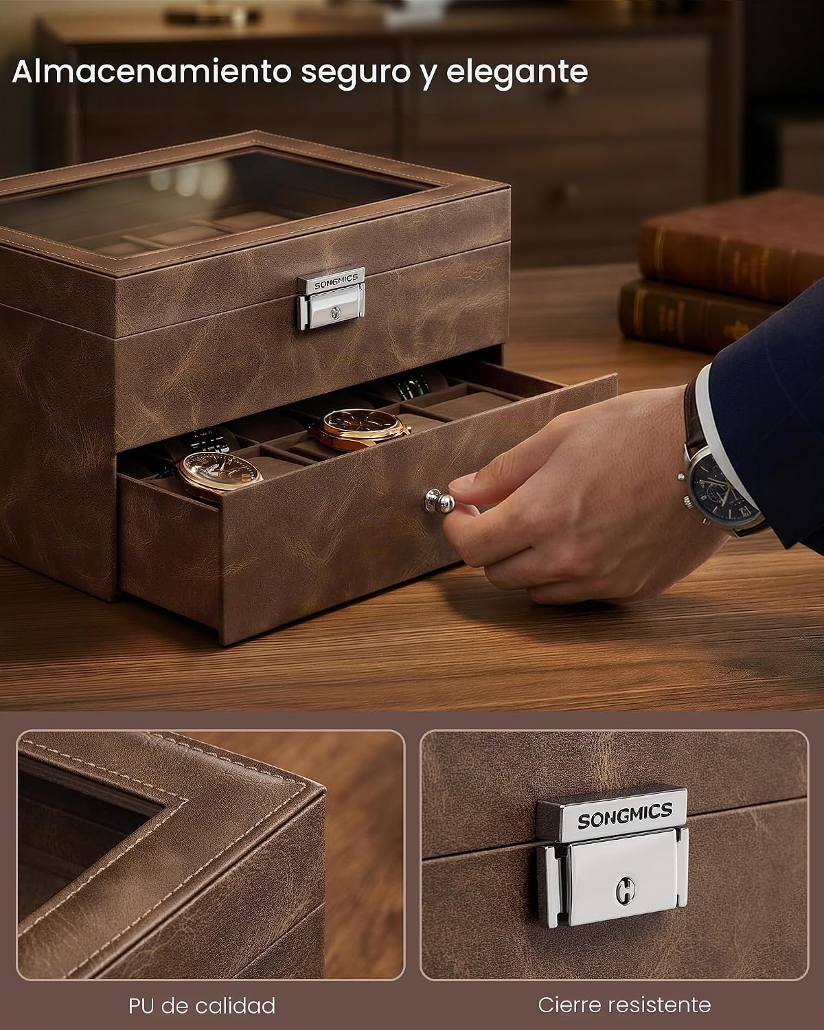 SONGMICS Caja de reloj de 20 ranuras, 2 capas, tapa de cristal, con...