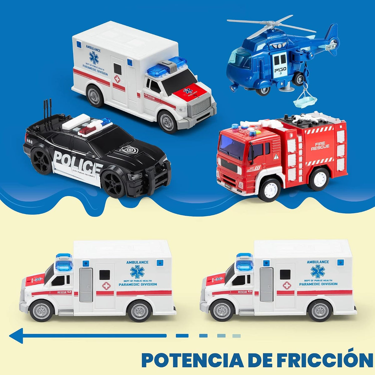 JOYIN Juego de 4 piezas de vehículos de emergencia, vehículos accio...