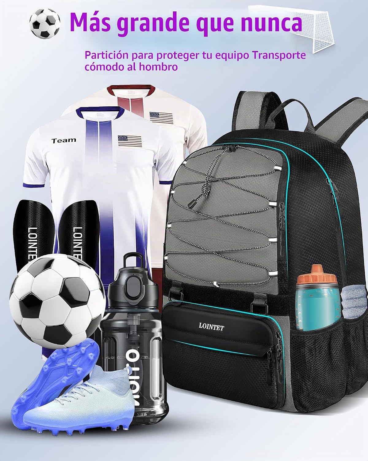 LOINTET Bolsa de fútbol juvenil, mochila de fútbol con compartiment...