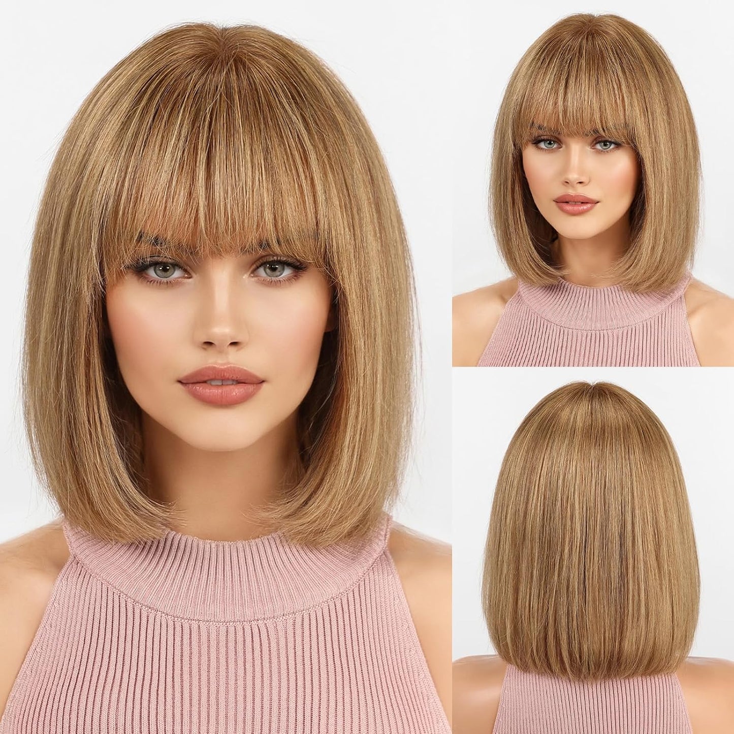 KKU Pelucas de cabello humano marrón claro degradado para mujer, pe...