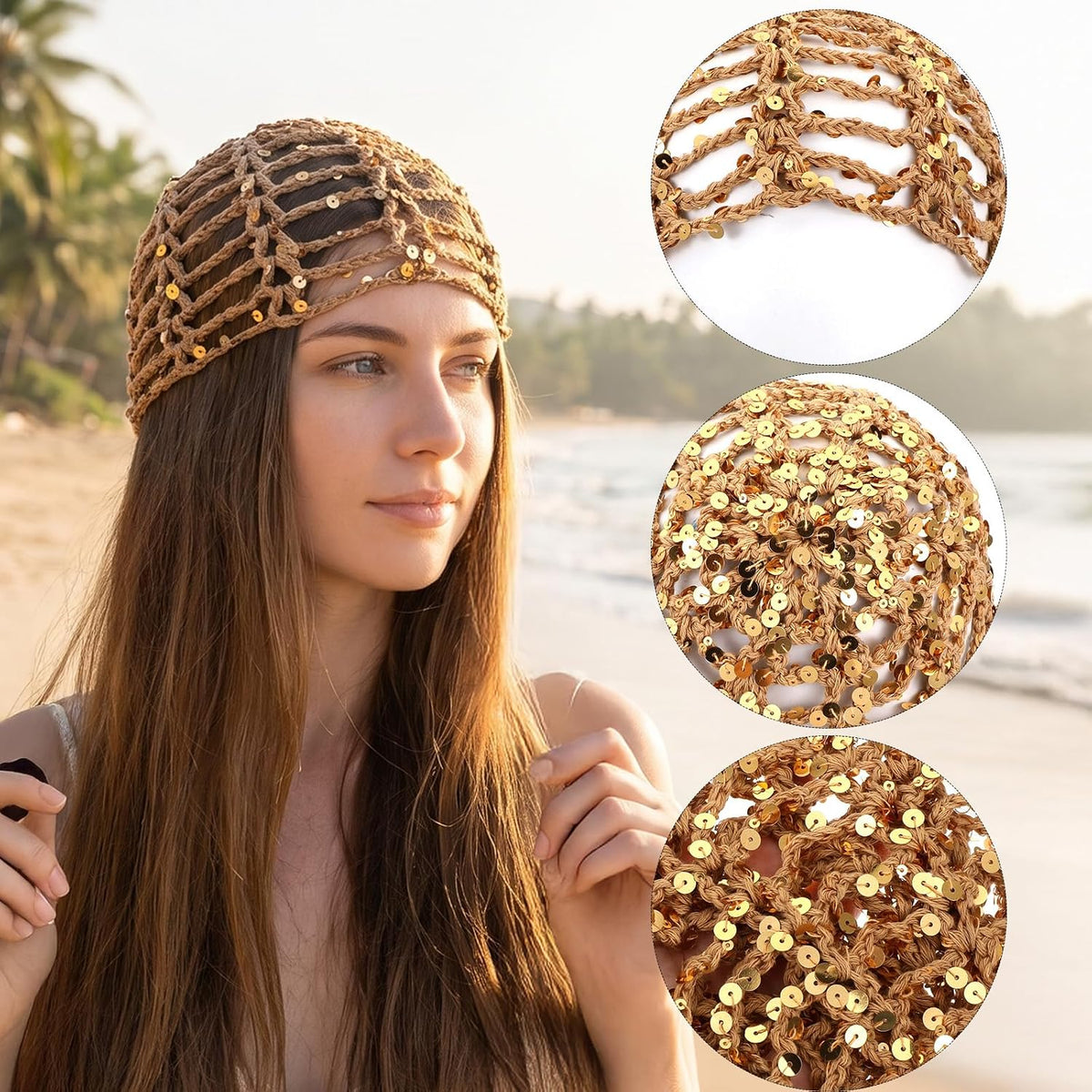 Ymapinc Gorro de ganchillo para mujer, gorro de lentejuelas de mall...