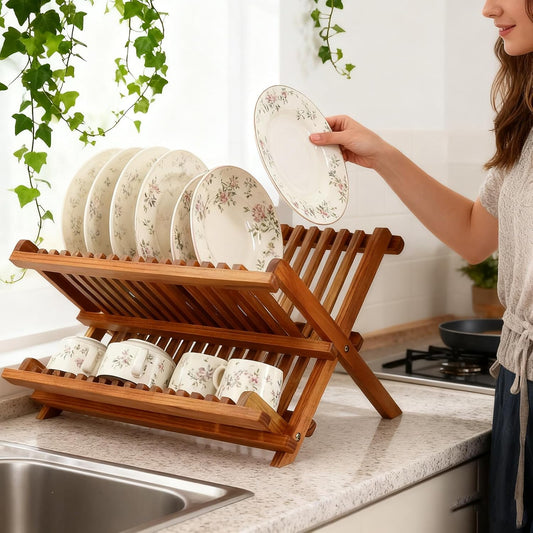 Utoplike Escurridor de Platos de Teca Plegable de 2 Niveles Estante...