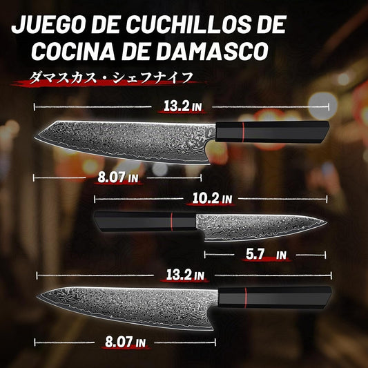 TIVOLI Cuchillo de cocina Damasco Set 3 PCS - VG10 Cuchillo de coci...