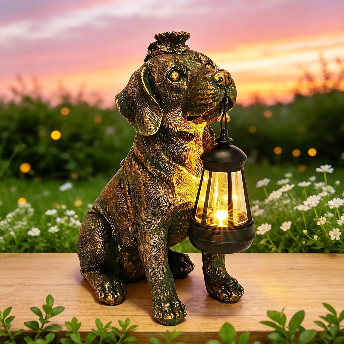 Estatua de jardín con decoración de perro con luces solares de 11 p...