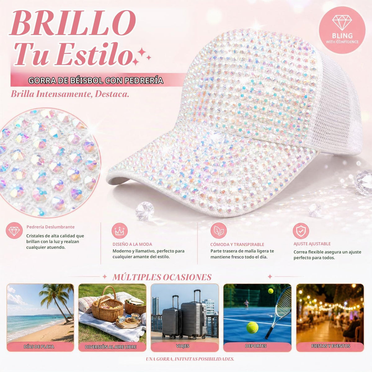 Gorra de béisbol ajustable con diamantes de imitación brillantes pa...