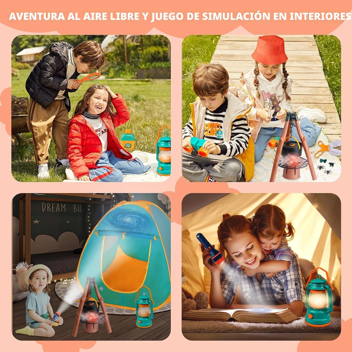 Qtioucp Juego de campamento para niños, 50 piezas con tienda de cam...