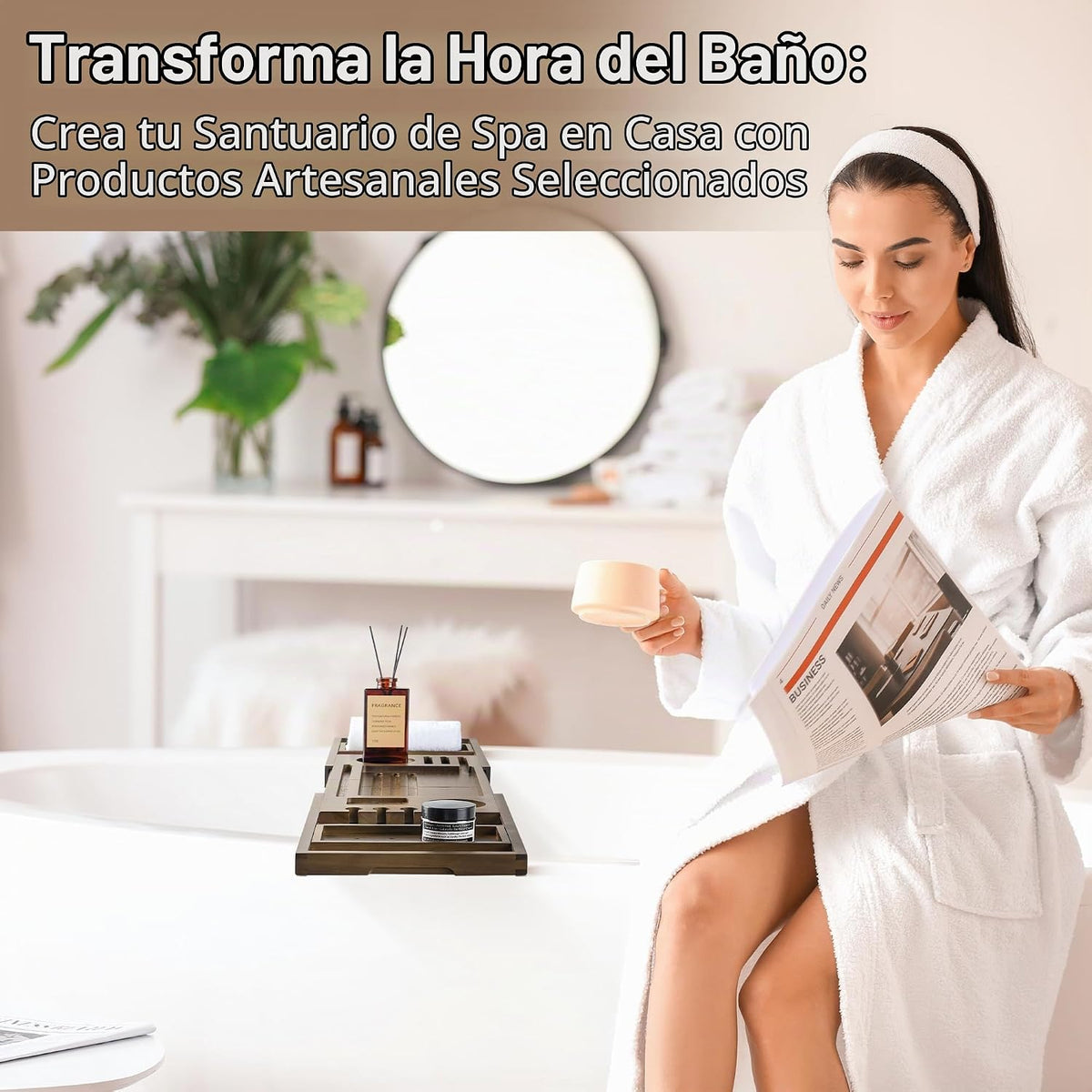 RealGulf Bandeja de bañera de teca, organizador de baño de madera d...