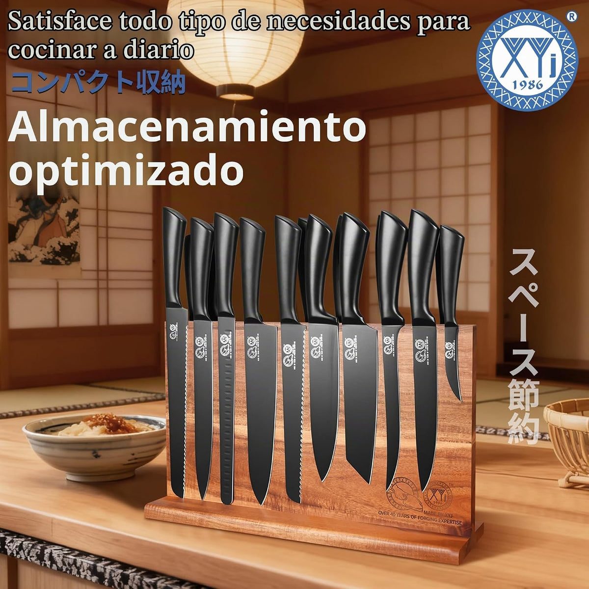 XYJ Juego de cuchillos de chef con bloque magnético de madera, tene...