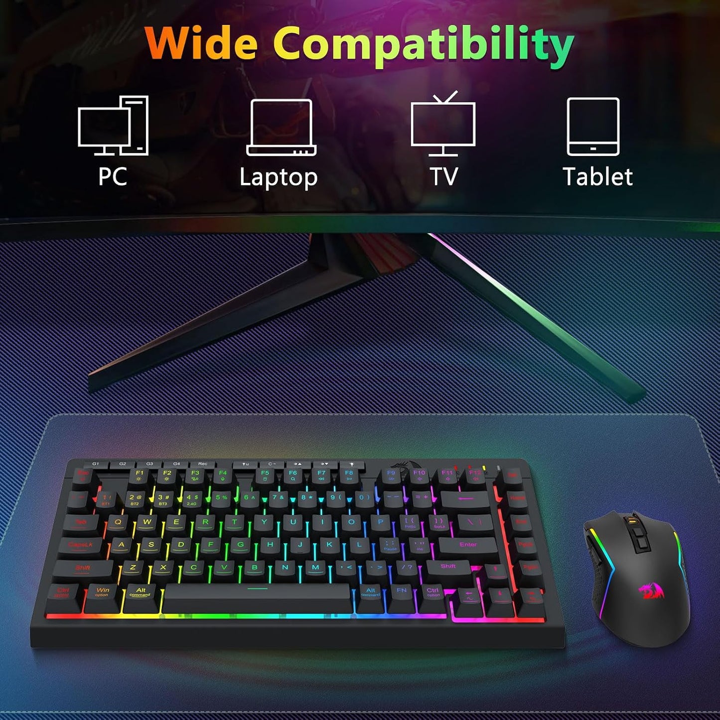 Redragon Combo de teclado y mouse inalámbricos para juegos, Bluetoo...