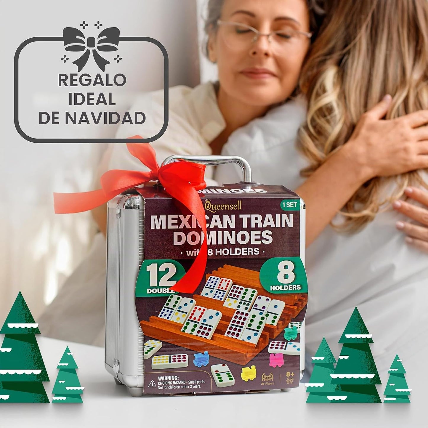 Queensell Juego de dominó de tren mexicano con 8 soportes, cubo de...